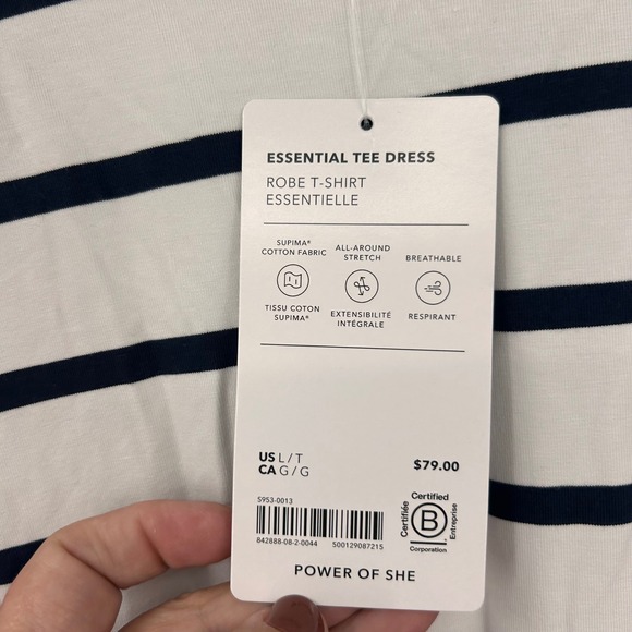 Athleta Essential Tee Dress Navy White Stripe Supima Cotton Knit Size L T - Picture 5 of 9